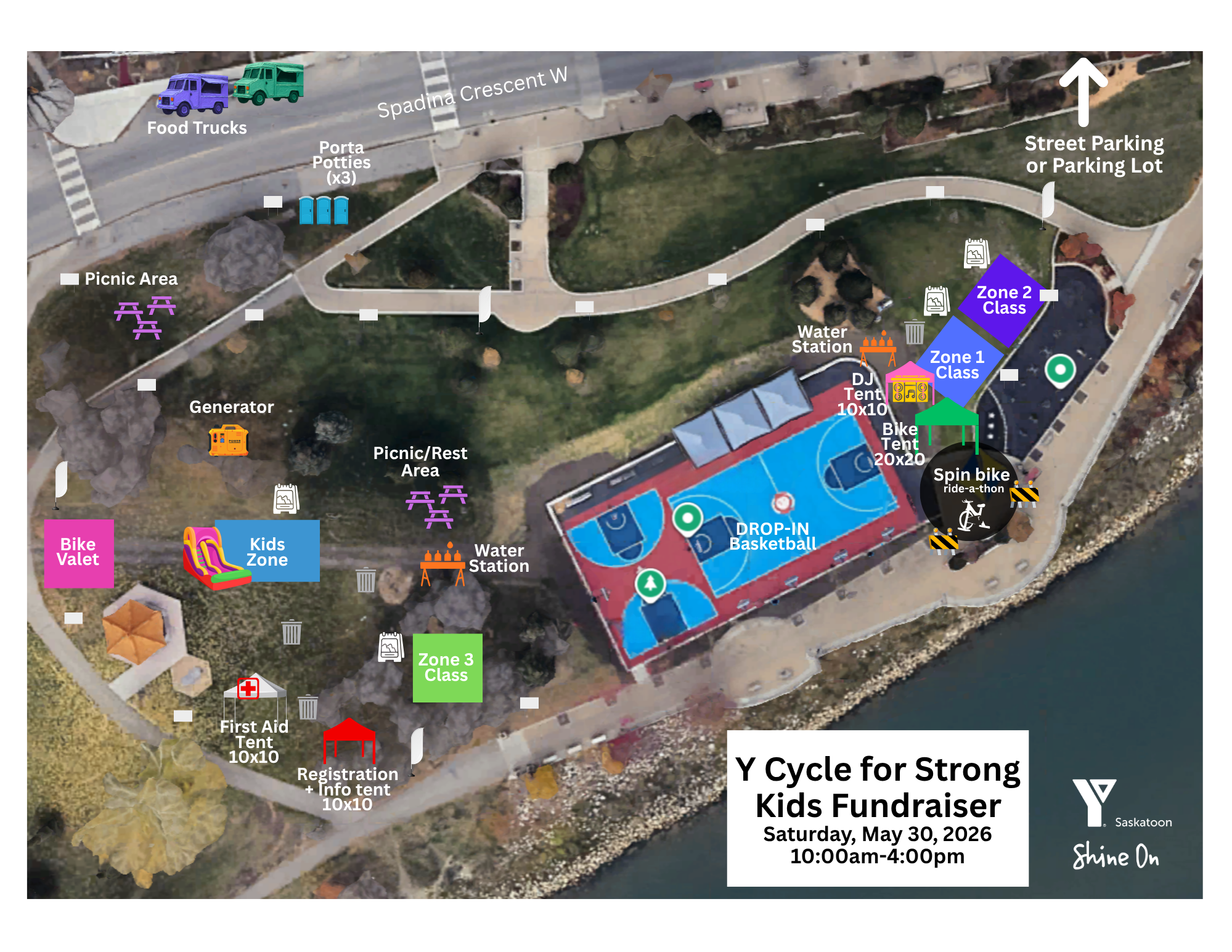 Aerial map of a park or festival grounds showing labeled zones (Zone 1 Class, Zone 2 Class, Zone 3 Class), amenities, and walkways along a curved path.
